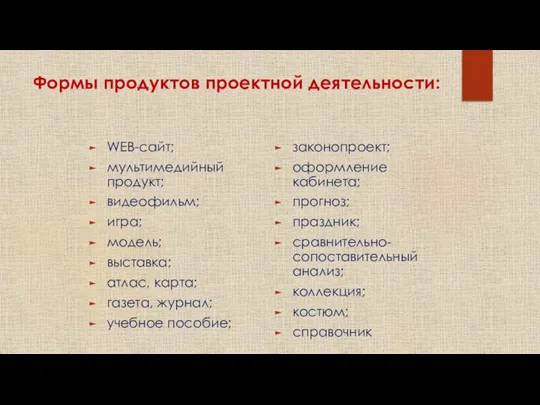 Формы продуктов проектной деятельности: WEB-сайт; мультимедийный продукт; видеофильм; игра; модель; выставка; атлас,