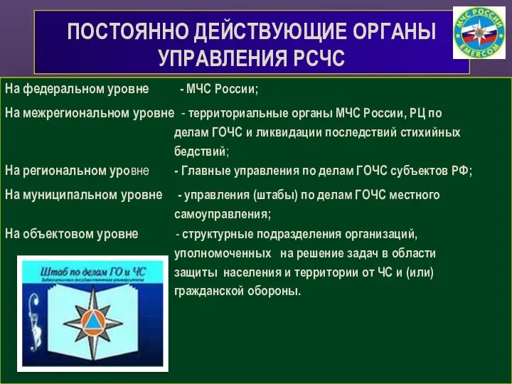 На федеральном уровне - МЧС России; На межрегиональном уровне - территориальные органы