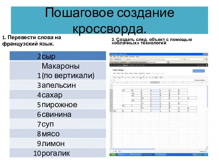 Пошаговое создание кроссворда. 1. Перевести слова на французский язык. 2. Создать след.