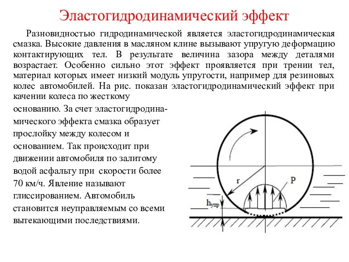 Эластогидродинамический эффект Разновидностью гидродинамической является эластогидродинамическая смазка. Высокие давления в масляном клине