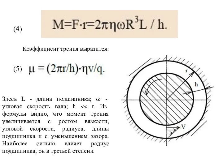 (4) Коэффициент трения выразится: (5) Здесь L - длина подшипника; ω -