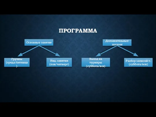 ПРОГРАММА Основные занятия Группы (среда/пятница) Инд. занятия (пон/четверг) Дополнительные занятия Выезд на