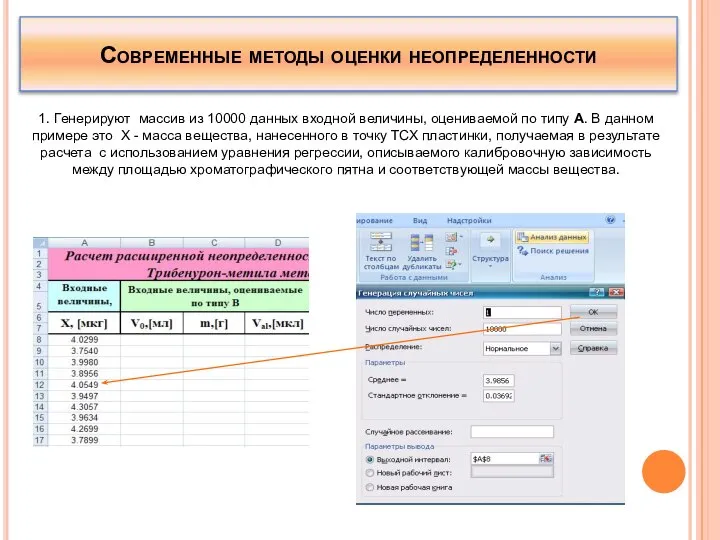 Современные методы оценки неопределенности 1. Генерируют массив из 10000 данных входной величины,