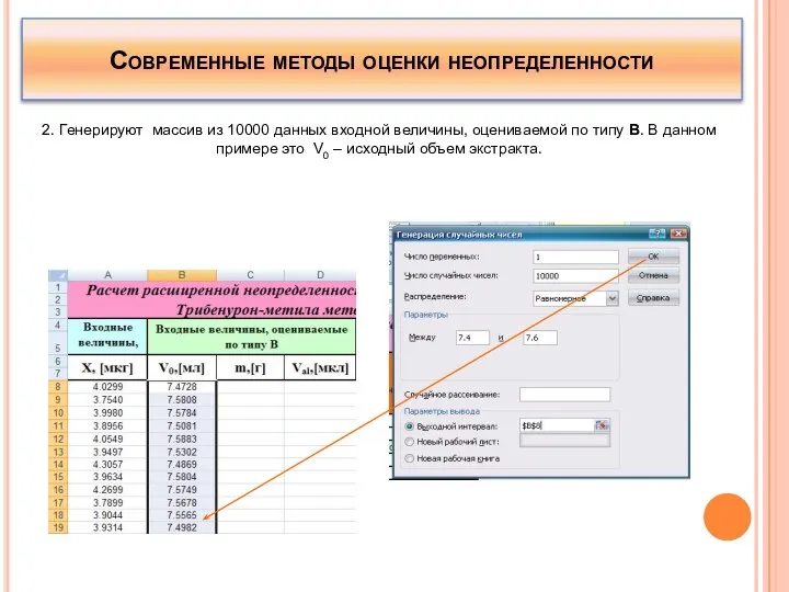 Современные методы оценки неопределенности 2. Генерируют массив из 10000 данных входной величины,