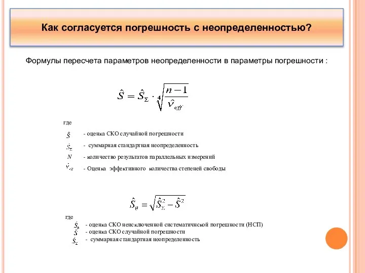 Как согласуется погрешность с неопределенностью? Формулы пересчета параметров неопределенности в параметры погрешности :