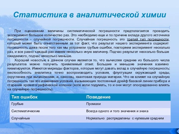 Статистика в аналитической химии При оценивании величины систематической погрешности предполагается проводить эксперимент