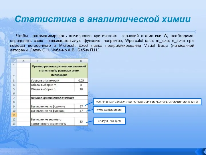 Статистика в аналитической химии Чтобы автоматизировать вычисление критических значений статистики W, необходимо