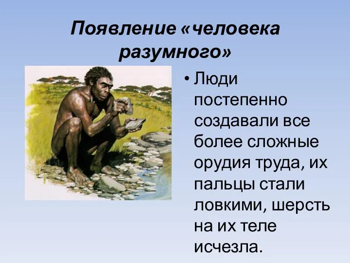 Появление «человека разумного» Люди постепенно создавали все более сложные орудия труда, их