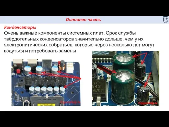 Основная часть Конденсаторы Очень важные компоненты системных плат. Срок службы твёрдотельных конденсаторов