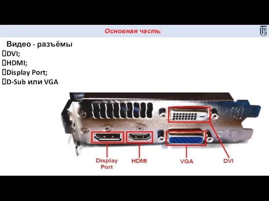 Основная часть Видео - разъёмы DVI; HDMI; Display Port; D-Sub или VGA