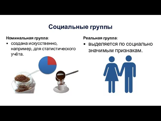 Социальные группы Номинальная группа: создана искусственно, например, для статистического учёта. Реальная группа: