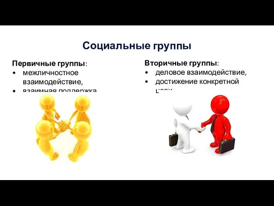 Социальные группы Первичные группы: межличностное взаимодействие, взаимная поддержка. Вторичные группы: деловое взаимодействие, достижение конкретной цели.