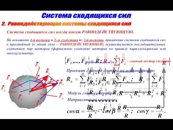 Система сходящихся сил Система сходящихся сил всегда имеет РАВНОДЕЙСТВУЮЩУЮ. 2. Равнодействующая системы