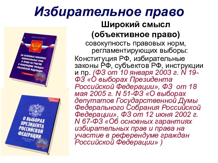 Избирательное право Широкий смысл (объективное право) совокупность правовых норм, регламентирующих выборы: Конституция