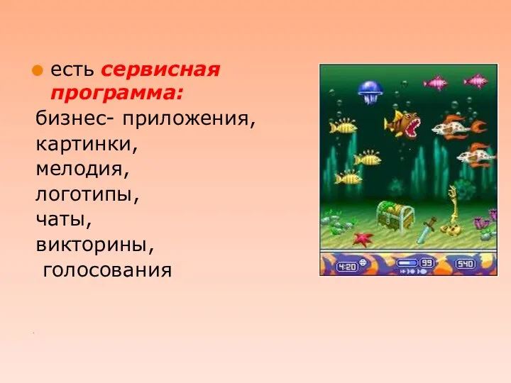 . есть сервисная программа: бизнес- приложения, картинки, мелодия, логотипы, чаты, викторины, голосования