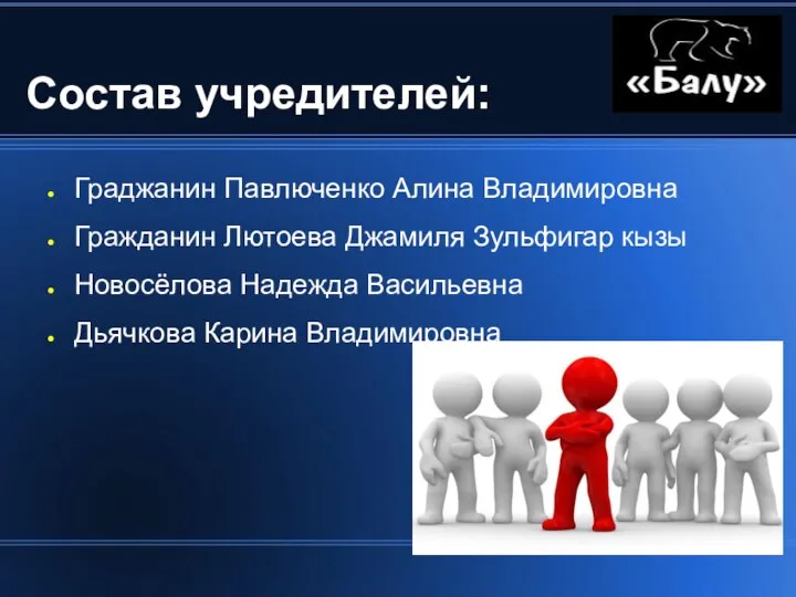 Состав учредителей: Граджанин Павлюченко Алина Владимировна Гражданин Лютоева Джамиля Зульфигар кызы Новосёлова