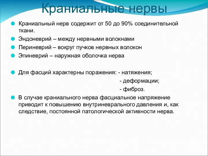 Краниальные нервы Краниальный нерв содержит от 50 до 90% соединительной ткани. Эндоневрий