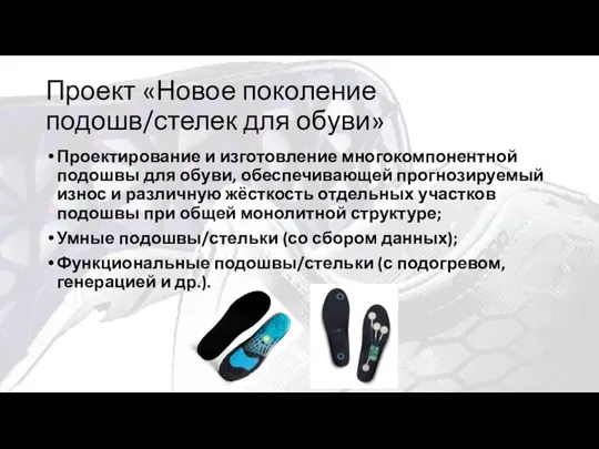 Проект «Новое поколение подошв/стелек для обуви» Проектирование и изготовление многокомпонентной подошвы для