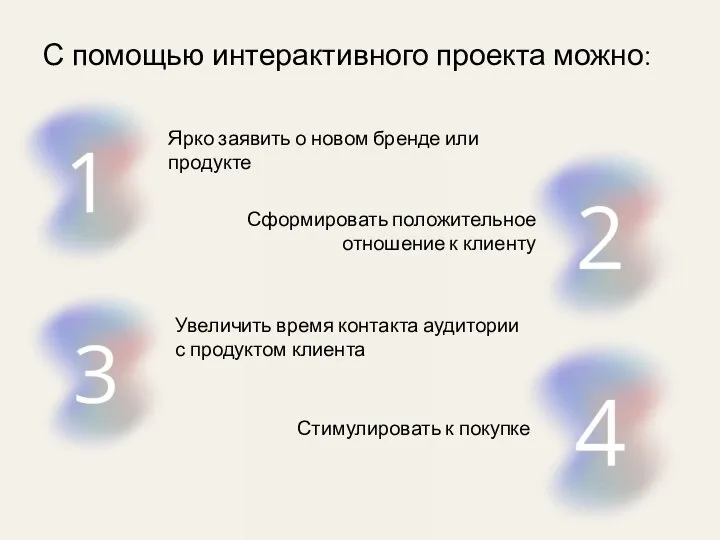 С помощью интерактивного проекта можно: Ярко заявить о новом бренде или продукте