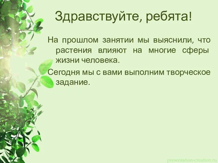 Здравствуйте, ребята! На прошлом занятии мы выяснили, что растения влияют на многие