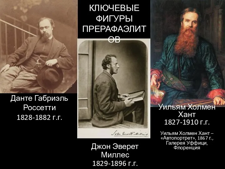 Данте Габриэль Россетти 1828-1882 г.г. Джон Эверет Миллес 1829-1896 г.г. Уильям Холмен