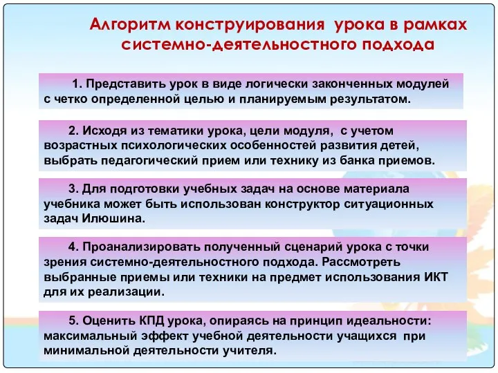 1. Представить урок в виде логически законченных модулей с четко определенной целью