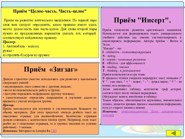 Приём “Целое-часть. Часть-целое” Прием на развитие логического мышления. По первой паре слов