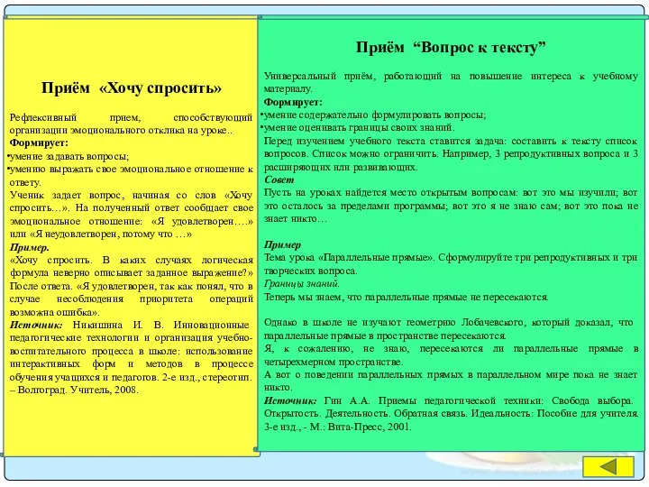 Приём «Хочу спросить» Рефлексивный прием, способствующий организации эмоционального отклика на уроке.. Формирует: