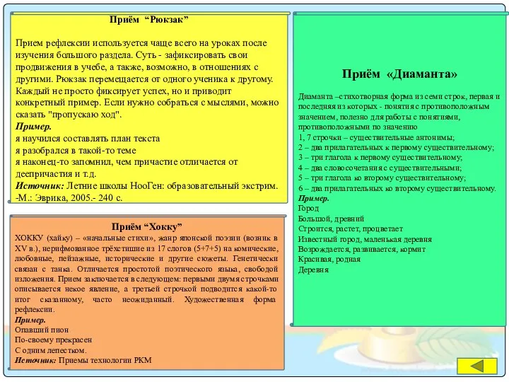 Приём “Рюкзак” Прием рефлексии используется чаще всего на уроках после изучения большого