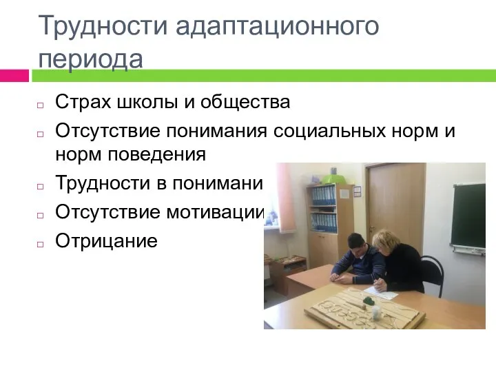 Трудности адаптационного периода Страх школы и общества Отсутствие понимания социальных норм и