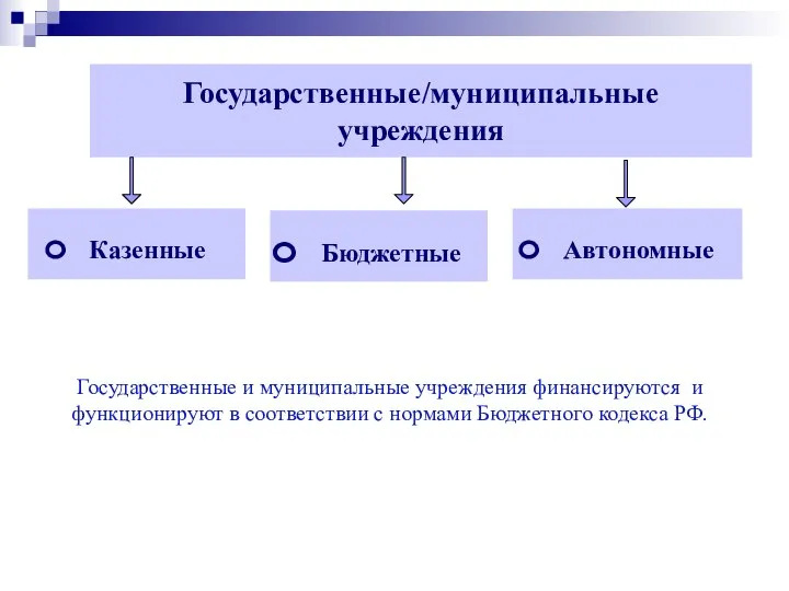 Государственные/муниципальные учреждения Казенные Автономные Бюджетные Государственные и муниципальные учреждения финансируются и функционируют