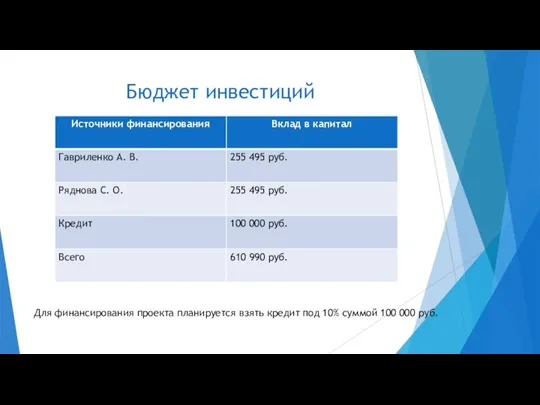 Бюджет инвестиций Для финансирования проекта планируется взять кредит под 10% суммой 100 000 руб.