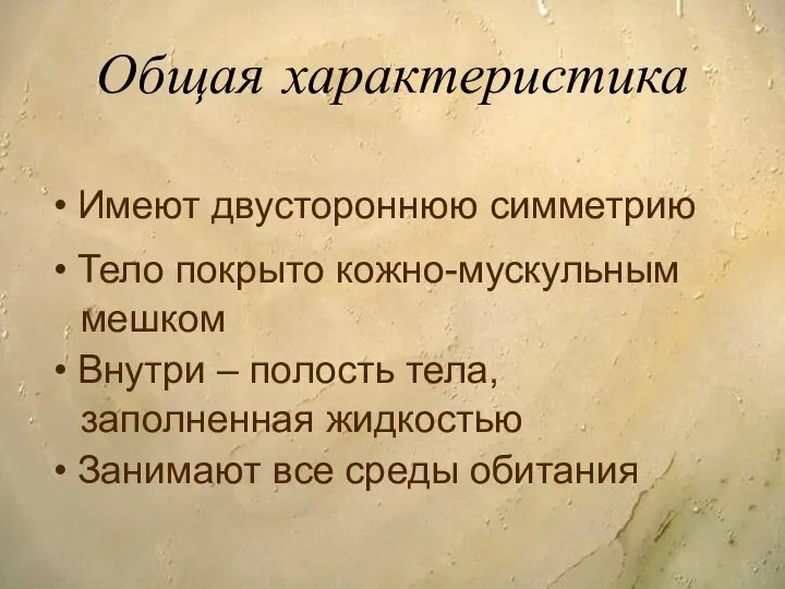 Общая характеристика Имеют двустороннюю симметрию Тело покрыто кожно-мускульным мешком Внутри – полость