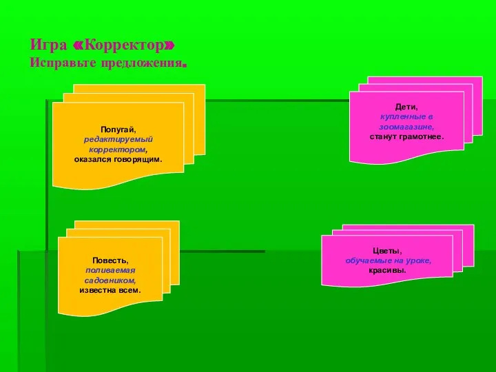 Игра «Корректор» Исправьте предложения. Цветы, обучаемые на уроке, красивы. Попугай, редактируемый корректором,