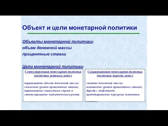 Объект и цели монетарной политики Объекты монетарной политики: объем денежной массы процентные