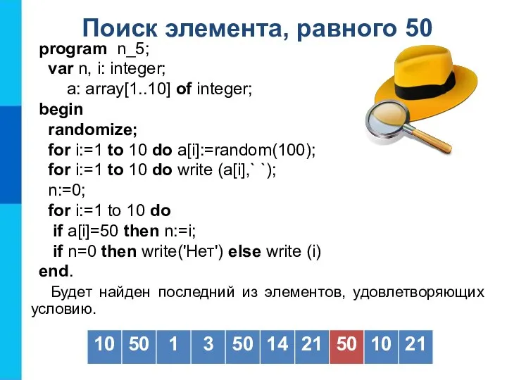 Поиск элемента, равного 50 Будет найден последний из элементов, удовлетворяющих условию. program