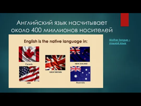 Английский язык насчитывает около 400 миллионов носителей Mother tongue – родной язык