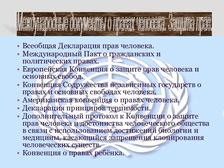 Международные документы о правах человека. Защита прав. Всеобщая Декларация прав человека. Международный