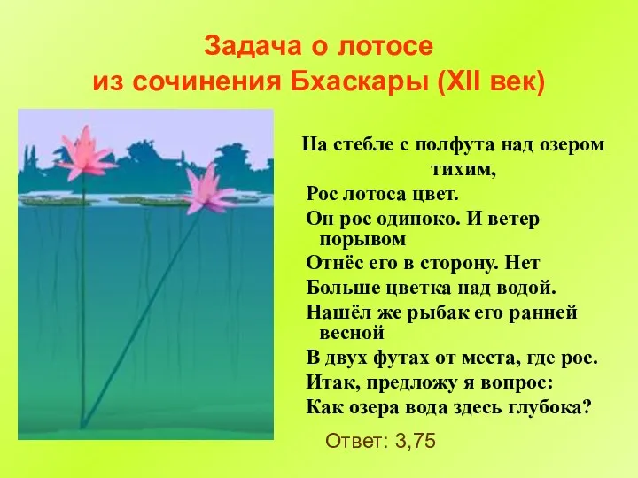 Задача о лотосе из сочинения Бхаскары (XII век) На стебле с полфута