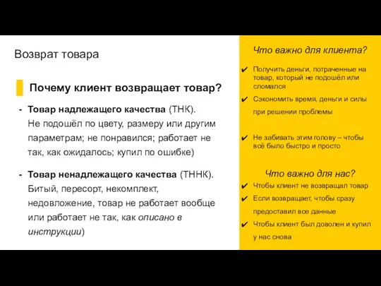 Возврат товара Что важно для клиента? Получить деньги, потраченные на товар, который