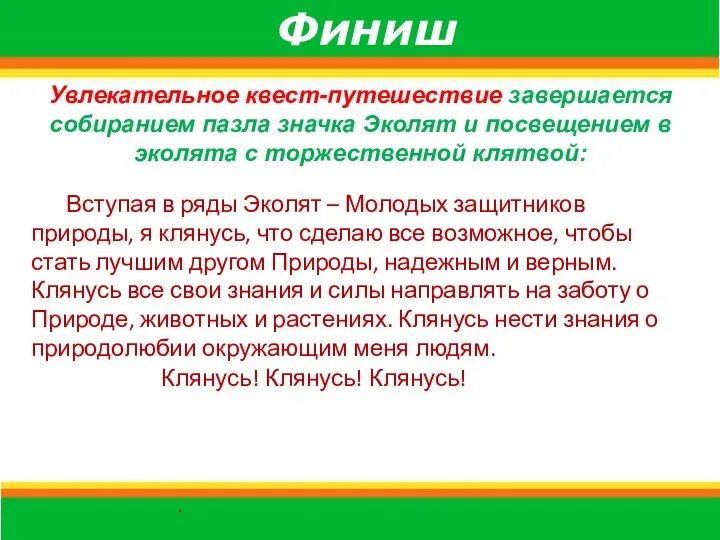 Финиш Увлекательное квест-путешествие завершается собиранием пазла значка Эколят и посвещением в эколята