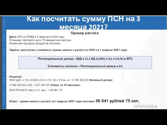 Как посчитать сумму ПСН на 3 месяца 2021? Пример расчета. Дано: ИП