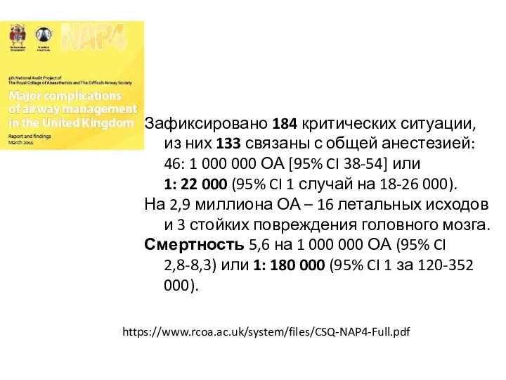 Зафиксировано 184 критических ситуации, из них 133 связаны с общей анестезией: 46: