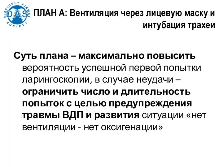 ПЛАН А: Вентиляция через лицевую маску и интубация трахеи Суть плана –