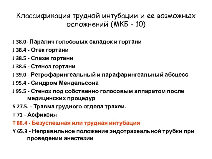 Классификация трудной интубации и ее возможных осложнений (МКБ - 10) J 38.0-