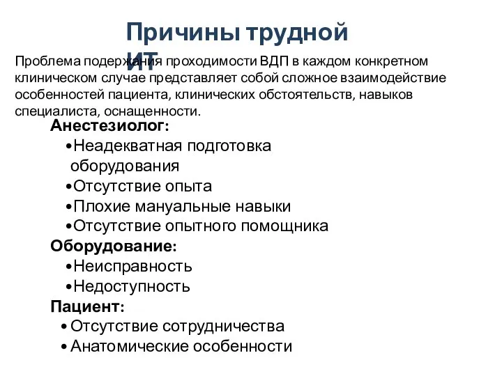 Анестезиолог: Неадекватная подготовка оборудования Отсутствие опыта Плохие мануальные навыки Отсутствие опытного помощника