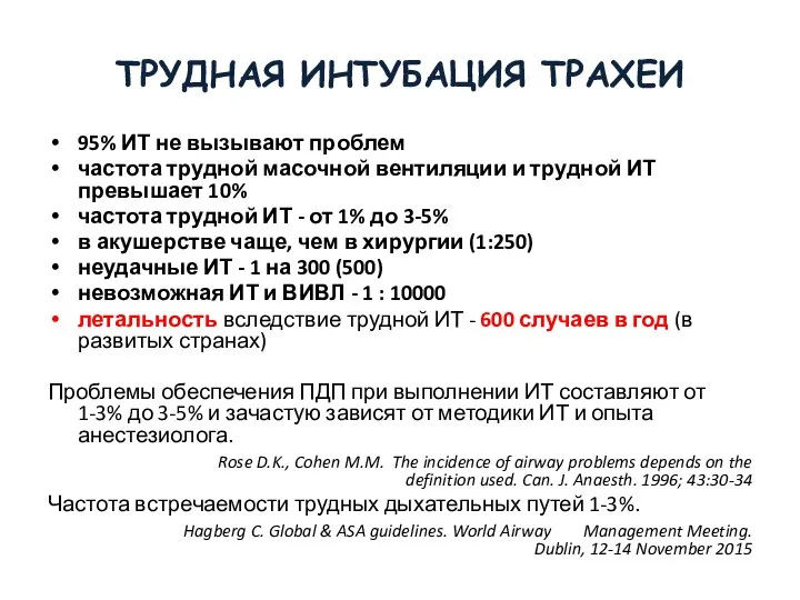 ТРУДНАЯ ИНТУБАЦИЯ ТРАХЕИ 95% ИТ не вызывают проблем частота трудной масочной вентиляции