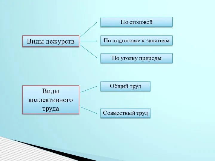 Виды дежурств По столовой По подготовке к занятиям По уголку природы Виды