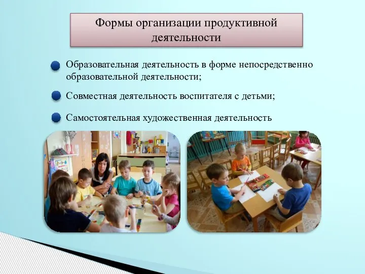 Формы организации продуктивной деятельности Образовательная деятельность в форме непосредственно образовательной деятельности; Совместная