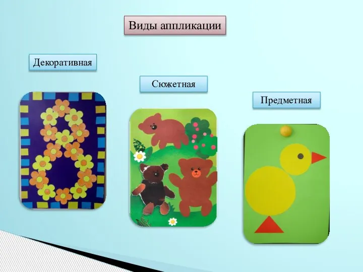 Виды аппликации Декоративная Сюжетная Предметная